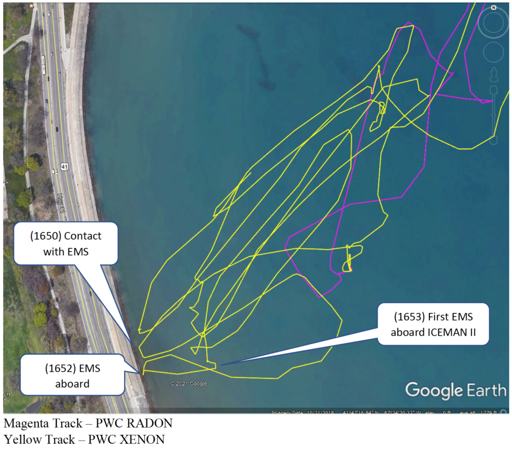 This illustration shows part of the track of the Markles' personal watercraft (PWC) in Lake Michigan, Aug. 8, 2020.